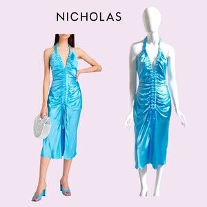 NICHOLAS NEW Barbiecore Dopamine ALLIA Sky Halter Ruche Silk Midi Dress 4